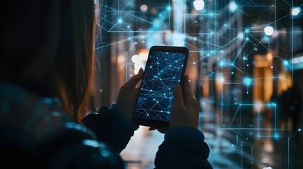 Wall Mural - a person holding a smartphone with interconnected digital links displayed on the screen