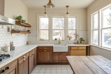 Wall Mural - Farmhouse kitchen renovation, sunlight, wood table, spring