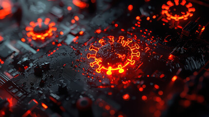 Wall Mural - close up of glowing virus symbols on circuit board, showcasing technology