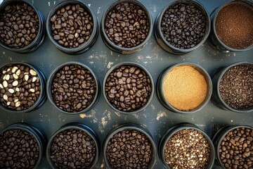 Wall Mural - Coffee beans, grounds, variety, display, market, overhead, texture, dark, containers, assortment