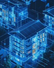 Blueprints illuminate modern apartment buildings at night