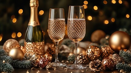 Wall Mural - A New Years celebration with champagne, glasses, and golden decorations on a dark background