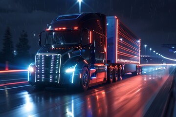 Wall Mural - truck on the road with glowing lights