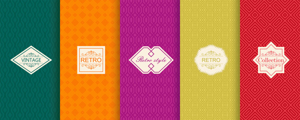 Aufkleber - Vector geometric seamless patterns. Trendy set of abstract colorful backgrounds with minimal labels, frames. Abstract modern retro line ornament textures. Design for print, decor, package, banner