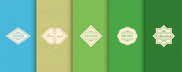 Aufkleber - Vector geometric seamless patterns. Trendy set of abstract colorful backgrounds with minimal labels, frames. Abstract modern retro line ornament textures. Design for print, decor, package, banner