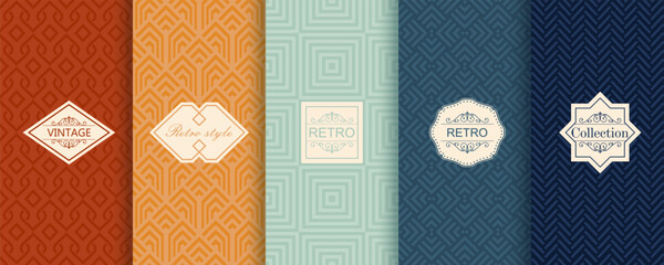 Aufkleber - Vector geometric seamless patterns. Trendy set of abstract colorful backgrounds with minimal labels, frames. Abstract modern retro line ornament textures. Design for print, decor, package, banner