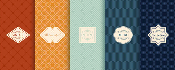 Aufkleber - Vector geometric seamless patterns. Trendy set of abstract colorful backgrounds with minimal labels, frames. Abstract modern retro line ornament textures. Design for print, decor, package, banner
