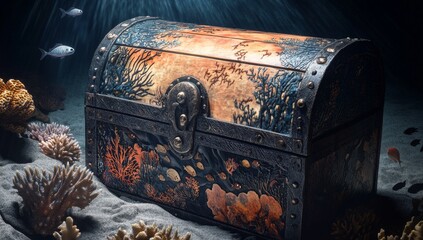 Wall Mural - underwater treasure chest with coral and fish.