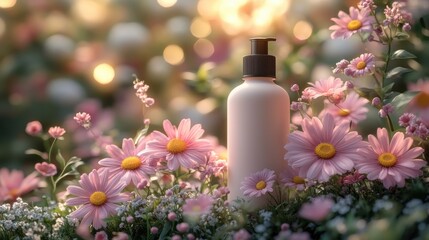 Poster - Delicate Floral Arrangement with Cosmetic Bottle in Natural Setting