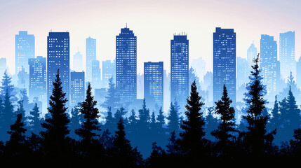 Sticker - City Skyline Emerging from a Misty Forest: An Urban Nature Escape