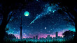 © dropideas - Magical Night Cityscape: Starry Sky, Full Moon, and City Lights