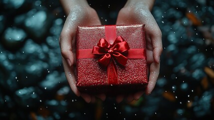 Black Friday concept This first-person top-view photo shows a girl's hand generously giving a red gift box with a ribbon bow on an isolated black background with empty space