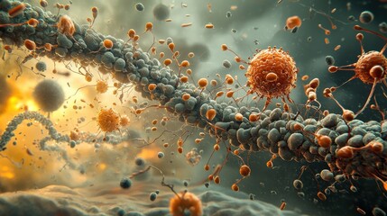 Fototapete - Dramatic artistic rendering of hmpv virus spreading in a microscopic environment digital artwork scientific visualization