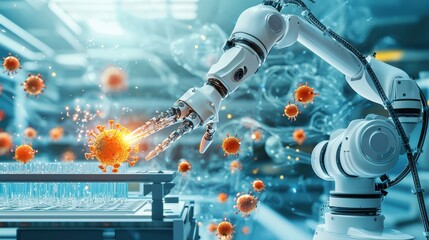 Fototapete - Futuristic robotic arm analyzing hmpv virus particles in a high-tech laboratory environment from a scientific perspective