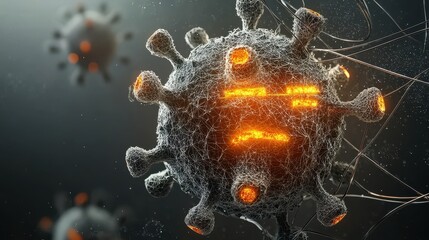 Poster - Illuminated model of hmpv virus structure displayed against standard reference scientific visualization laboratory environment molecular perspective
