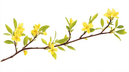 Wall Mural - A delicate branch adorned with bright yellow flowers and lush green leaves against a white background.