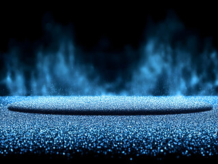 Wall Mural - Blue Glitter Round Platform with Smoke Background Reflecting Light Beautifully