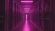 © Idea Library - Neon Glow in the Server Room: A long, narrow corridor in a data center, bathed in an ethereal pink glow from overhead neon lights, creates a futuristic and mysterious atmosphere. The sleek.