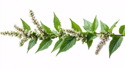 Wall Mural - A close-up of a flowering plant branch with delicate white flowers and vibrant green leaves.