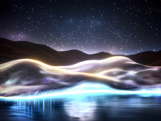 Poster - Abstract 3D landscape with glowing grid reflected in tranquil waters under starry night sky.