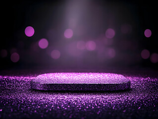 Wall Mural - Purple Glitter Square Platform Shines on a Sparkling Background with Soft Bokeh Lights