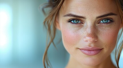 Wall Mural - Close-up of a woman with striking blue eyes and freckles