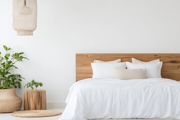 Wall Mural - A white bed with a wooden headboard and a lamp hanging above it. The room is decorated with a plant and a basket. The bed is unmade and the room is very clean and simple