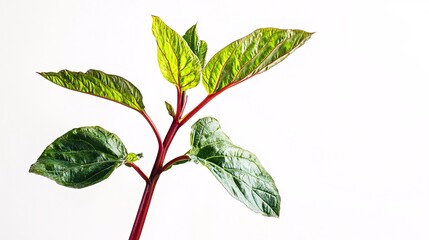 Wall Mural - Close-up of vibrant green and red plant leaves against a clean white background, showcasing natural beauty.