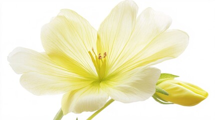 Wall Mural - Delicate yellow flower showcasing soft petals and vibrant details against a white background.