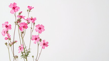 Wall Mural - Delicate pink flowers on slender stems against a white background, creating a soft and serene atmosphere.