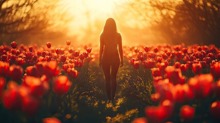 Wall Mural - Bright and colorful tulips in sunlight with a woman appreciating the fresh bloom depicting spring and happiness