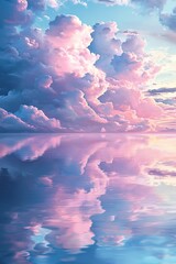 Wall Mural - Pink and blue clouds reflecting in the ocean, beautiful, calm, dreamy, with soft colors, peaceful. 