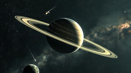 Wall Mural - A stunning depiction of Saturn surrounded by its rings and celestial bodies in space.