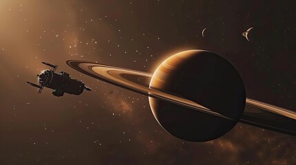 Wall Mural - A spacecraft approaches Saturn, showcasing its rings and moons in a cosmic scene.