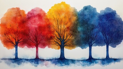 Wall Mural - Four colorful trees in watercolor painting.