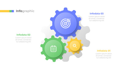 Wall Mural - 3 Step Gear Workflow Diagram. Minimalist infographic template. Can be used for annual report, info chart, presentation layout. Vector illustration.