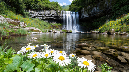 Sticker - hidden waterfall surrounded by lush greenery and vibrant flowers