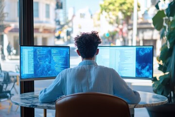 a programmer works remotely from a cafe, focused on code displayed on two large monitors.