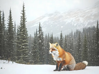 Canvas Print - Red Fox Sits Majestically in Snowy Forest with Gently Falling Snowflakes in Winter Landscape