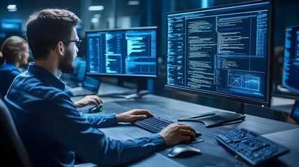 Software Developer Works on Computer Code and Data Analysis Efficiently in Office at Night