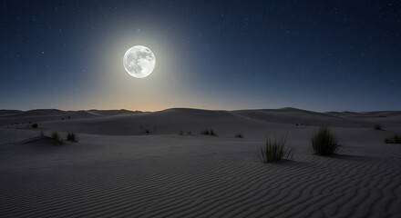 Wall Mural - a full moon rising over a tranquil desert, casting a soft glow on the dunes