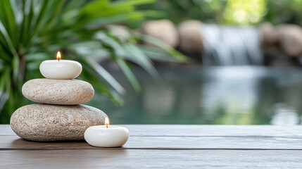 Wall Mural - serene meditation space with stacked stones and candles by waterfall