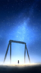 Poster - Lone Figure Stands Beneath a Starry Night Sky Near a Swing Set in a Dreamlike Landscape