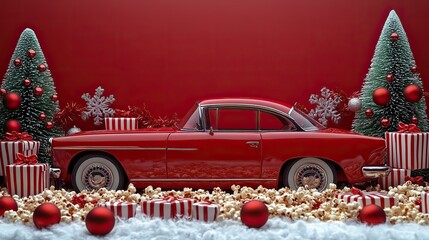 Wall Mural - Celete Christmas with at-home movie magic and popcorn delivery. striped popcorn boxes, festive baubles, and a miniature vintage car on a red wall backdrop with room for an advert.