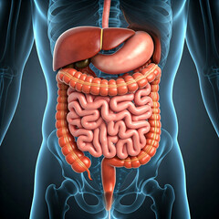 human  digestive system anatomy. 3D illustration of the human digestive system, highlighting the intestines.