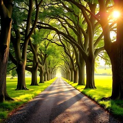 Wall Mural - Pathway lined with tall green trees on both sides against sunlight sky