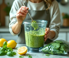 Wall Mural - Woman hand using a spoon to stir spinach basil pesto sauce in a blender machine on the countertop in kitchen