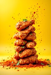 Wall Mural - Fried chicken stack with herb and chili powder splash on yellow background