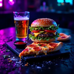 Wall Mural - A cheeseburger and a slice of pepperoni pizza served with tomato sauce, including a glass of beer on dark surface with purple neon light background