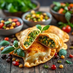 Wall Mural - Golden-brown empanadas with a vibrant filling of vegetables and garnished with basil on wooden surface